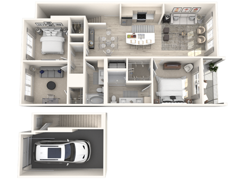 a 3d model of a house and a floor plan with a car